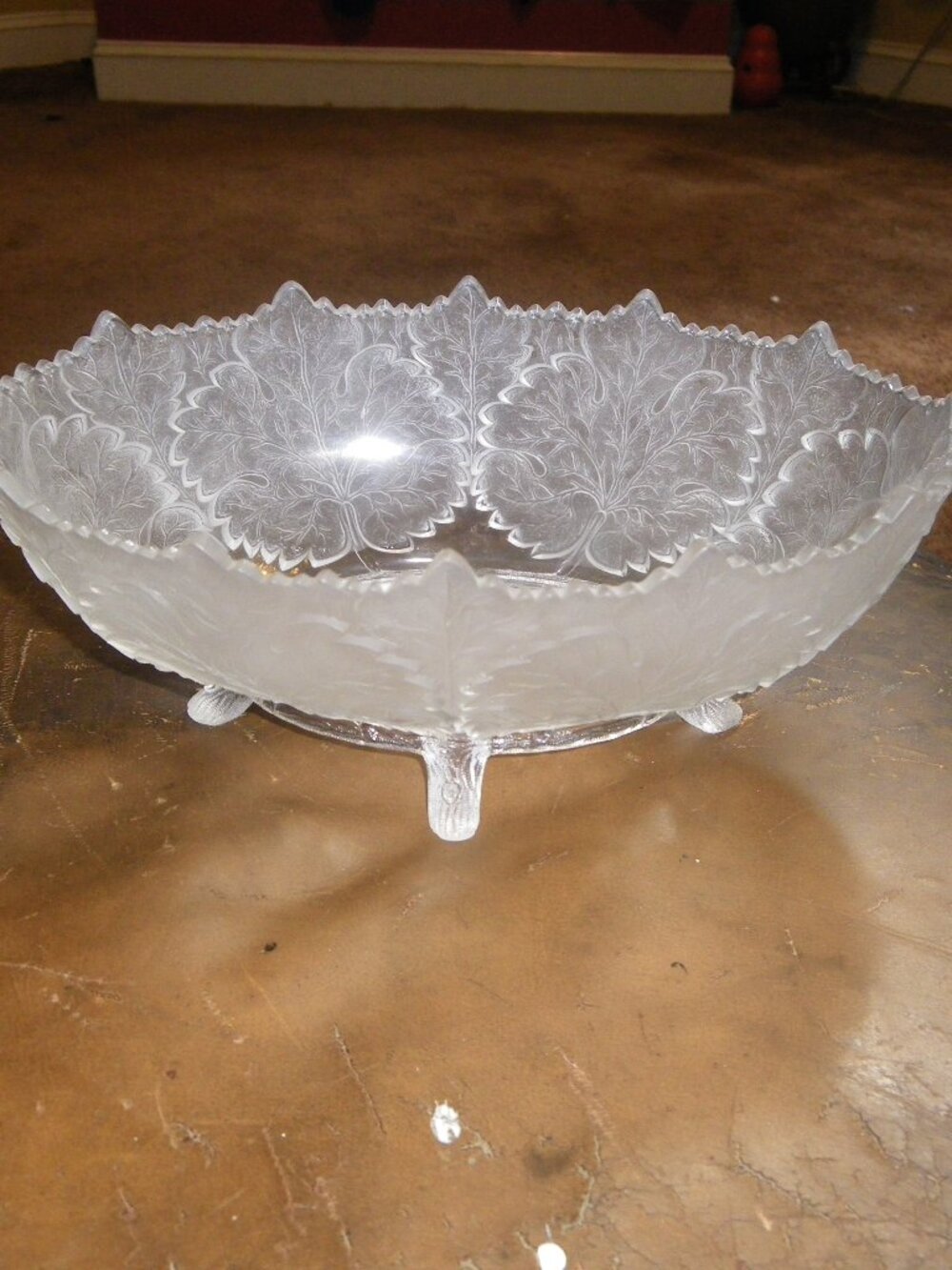 Vintage Crystal Oblong Pedestal Feet Bowl Dish w/ Leaf Motif Classic Home Decor
